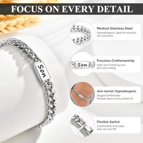 Stainless Steel Bracelet Gifts for Him Son - Silver Cuban Chain Link Men's Bracelet Gifts Classic Hip Hop Stacking Layered Birthday Christmas Anniversary Personalized Son Jewelry Gifts from Mom Dad - image 5