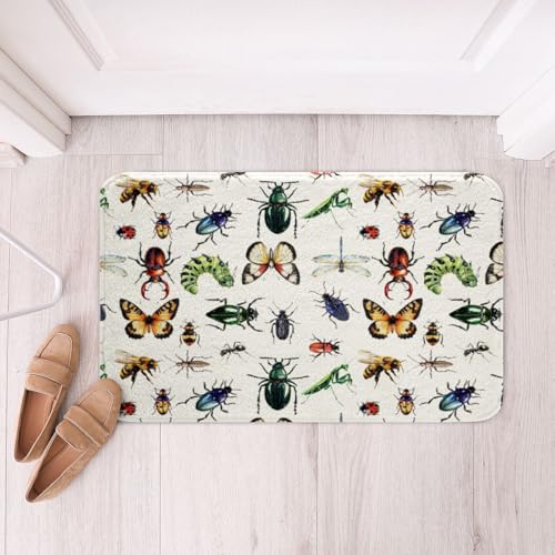 Insect Wildlife Kids Bath Mat,Butterfly Bee Ladybug Dragonfly Mats Rugs,Girls Boys Room Decor,Dung Beetle Reptile Animals Bathroom Carpets,Watercolor Bath Rug,Absorbent Floor Mats,20Wx32L Inches