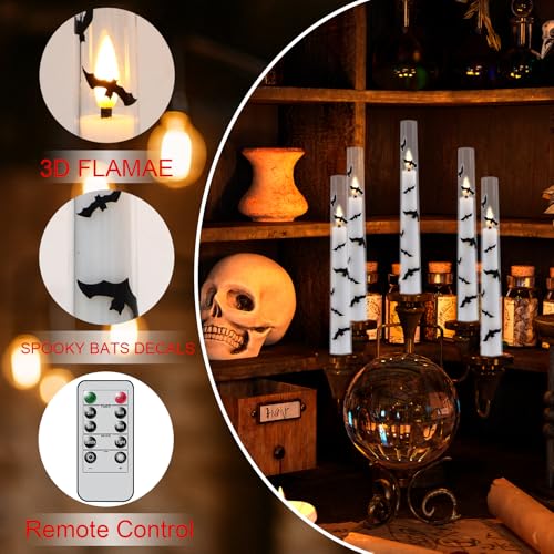 Image of GenSwin Halloween Flameless Taper Candles, 4 Pack Bats LED Taper Candles Battery Operated with Remote Timer, Acrylic Flameless Candlesticks with Bat Prints for Halloween Decor(0.78 inch x 7.87 inch)