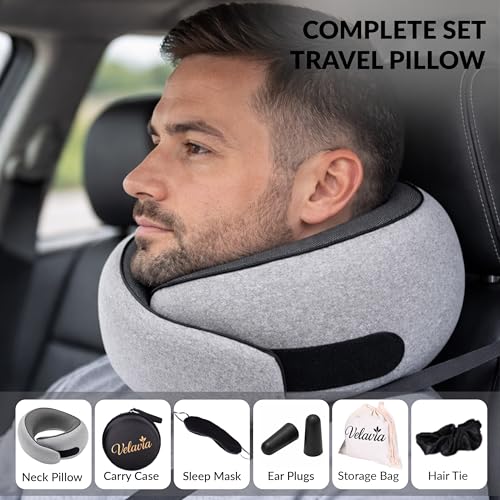 Image of Travel Neck Pillow,Ergonomic 360 Memory Foam Support for Head, Neck. Adjustable for Long Flights. Soft &Washable Cover, EVA Box, 3D Eye Mask, Earplugs, Hair Tie & Luxury Bag (Grey)