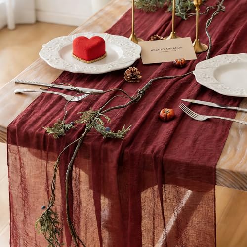 Keketoarrange Burgundy Table Runner Valentines Decor Red Cheesecloth...