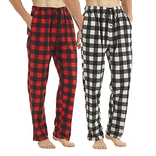 LANBAOSI 2 Pack Mens Pajama Pants Set Bottoms Fleece Lounge Sleepwear Lightweight Plaid pj Pants with Pockets Microfleece
