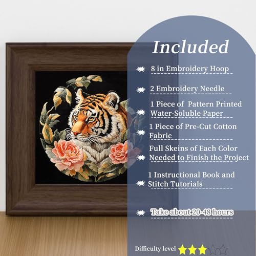 Image of FONNUY Tiger Floral Embroidery Kit, Cross Stitch Kits for Beginners, Handmade Crafts with Printed Patterns for Beginner Adults, Easy to Follow Color Thread Needlework, 8'' Hoop