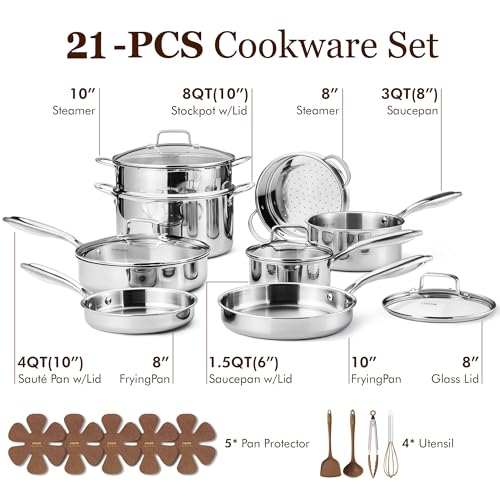 Image of CAROTE 21pcs Tri-Ply Stainless Steel Cookware Set, Pots and Pans Set, Non Toxic Induction Kitchen Cooking Sets, Cookware Collection, Silver