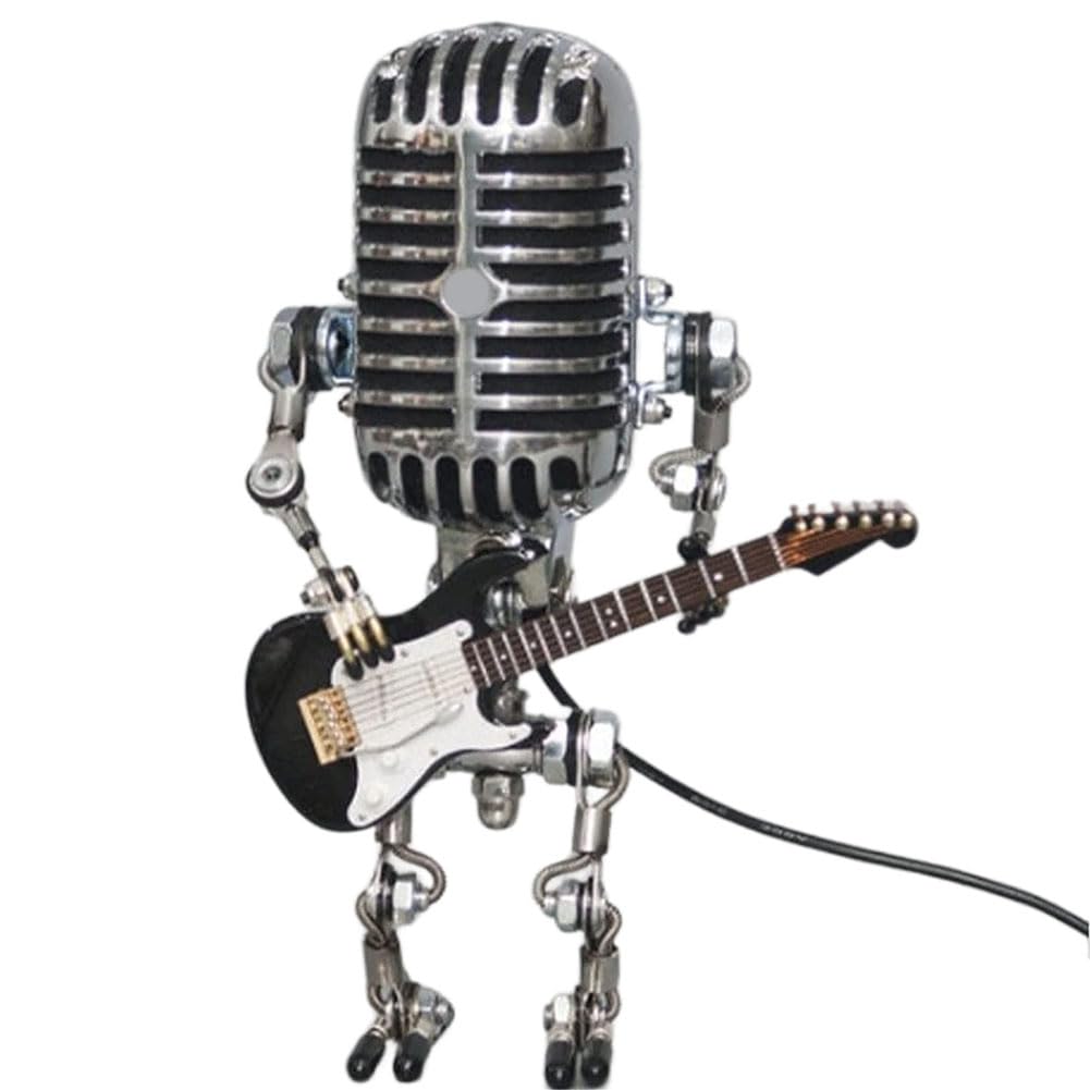 Graootoly Retro Style Vintage Microphone Robot Desk Lamp, Vintage Microphone Robot Touch Dimmer Lamp Table Lamp Black
