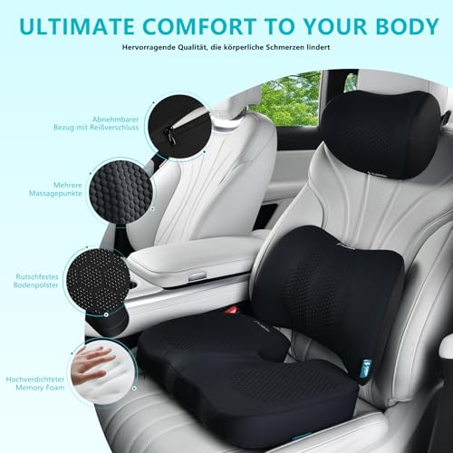Image of FLORICH 3 PCS Seat Cushion for Carseat Lumbar Support Pillow Car Neck Headrest Pillows Memory Foam Gel Memory Foam Massage Point Seat Pads Pressure Relief Back Cushion for Office Chair(Black)