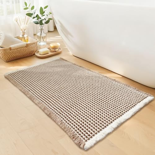Waffle Bath Mat - Boho Bathroom Rugs Non Slip Washable, Super Absorbent & Quick Dry, Small Bath Mats Farmhouse Bathroom Decor, 18'' x 30'', Khaki and White