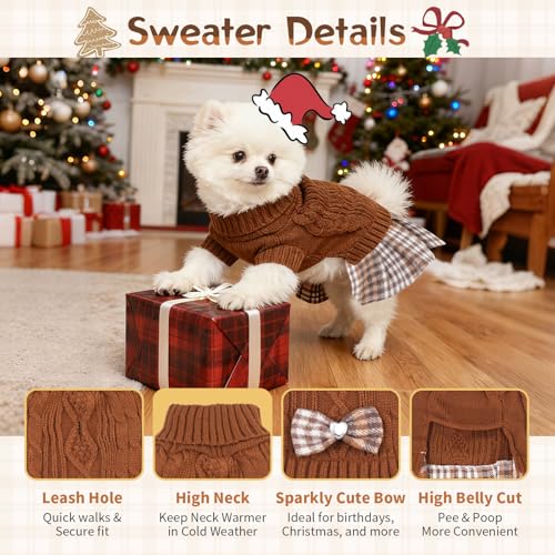 Image of Hpetppy Dog Sweater Dress with Bowtie Turtleneck Warm Pullover Pet Sweater Soft Comfy Knitwear Dog Sweaters for Small Dogs Girl Pet Winter Clothes Cat Apparel with Leash Hole (Brown M)