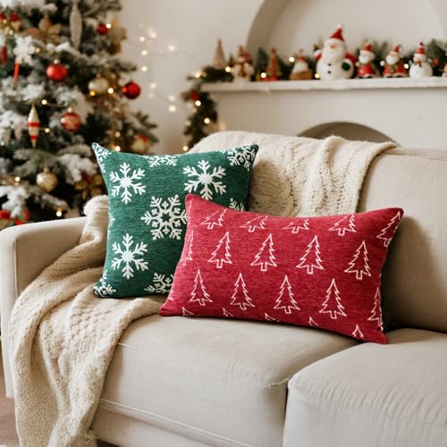 Image of Soft Chenille Christmas Pillow Covers 18x18 Set of 2, Reversible Snowflake & Tree Pattern, Thick & Cozy Farmhouse Holiday Cushion Cases with Hidden Zipper for Sofa Couch Bed(Green,18x18)