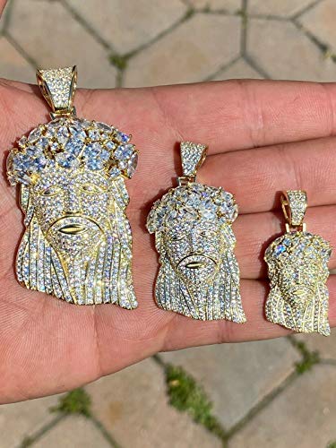 HarlemBling Solid 925 Sterling Silver Iced Jesus Piece Pendant - Men's 14k Gold Finish Jesus Piece - Great For Any Chain! Icy Baguette CZ - 3 Sizes: Small, Medium, & Large2