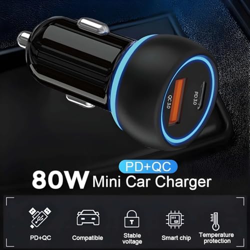 Image of 80W Dual Port Car Charger, 45W PD USB-C + 35W QC USB-A Fast Charging Adapter, LED Indicator, Compatible with iPhone & Android Smartphone, Smartwatch, Earbud, Power Bank (Black)