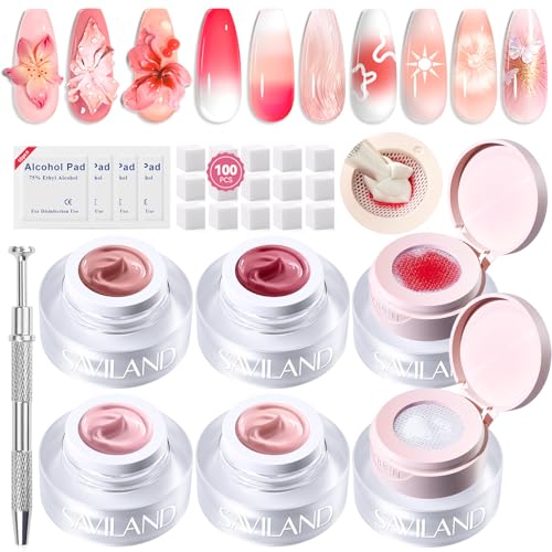 Image of SAVILAND Cushion Patting Gel Polish Kit: 6 Colors Pat Gel UV LED Painting Gels with 100PCS Sponges for Nail Art Pigmented No Wipe Ombre Gels Polish Blooming Blush Aura Nails for DIY Home Salon