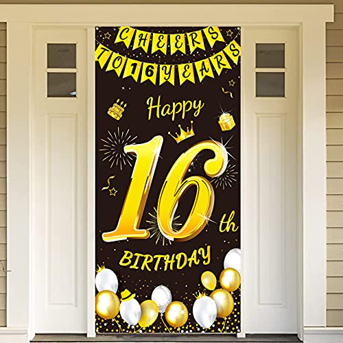 DPKOW Black Gold 16th Birthday Decoration for Boy Girl, Black Gold 16th Birthday Banner for Backdrop Door Decoration,16th Birthday Background Banner for Garden Table Wall Decoration, 185 x 90cm Fabric