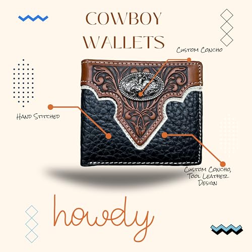 Men’s Short Leather Wallet – Tooled Inlay with Bull Rider Concho – Western Rodeo Bifold Wallet for Cowboys, Ranchers & Roughstock Riders4