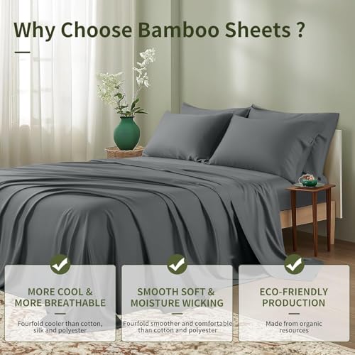 Image of Shilucheng 6 Piece King Sheet Sets, Cooling Sheets, Blend Rayon Derived from Bamboo, Deep Pocket Up to 16 inch, Breathable & Soft Bed Sheets, Hotel Silky Bedding Set, Dark Grey