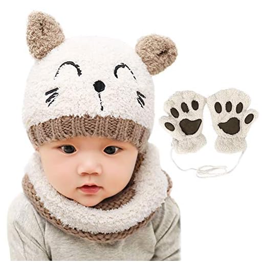 bufandas para bebes Bearbro Bufandas del Bebé, Invierno Niño Niña Sombrero y Bufandas otoño Invierno niños niñas Punto Gorras y Bufanda Guantes Traje de Tres Piezas (Blanco)