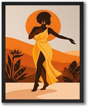 InkFlow Posters Modern African Art Canvas Poster - Flowing Dress Woman Silhouette Artwork - Abstract Sun Landscape Design Style - Living Room Office Wall Art - 8x10 Unframed Canvas Print