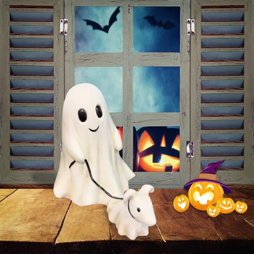 Gxlaihly Ghost Walking Dog Statue, 15 cm Halloween Ghost Walking Dog Statue, Lustige Geisterfigur Mit Hund, Halloween Ornament Home Outdoor Decor (Mann-15CM)