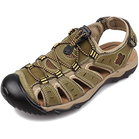 Kunsto Mens Leather Outdoor Sandals Athletic Shoes Closed-Toe UK Size 6.5 Olive Cover