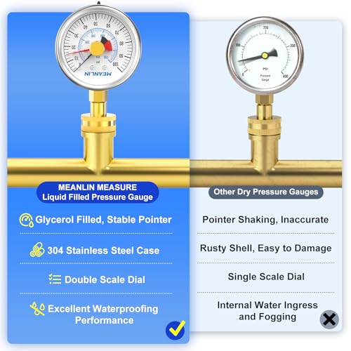 Image of MEANLIN MEASURE Stainless Steel 0~100Psi 3 /4 inch Female Water Pressure Test Gauge, 2.5 inch FACE DIAL with Red Indicator Hands, Dry Hydraulic Tester Suitable for Gardens, Water Pipes