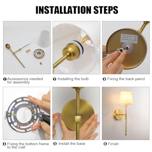 Image of Wall Sconces Sets of 2, Classic Brushed Brass Sconces Wall Lighting, Hardwired Bathroom Vanity Light Fixture with Fabric Shade for Bedroom Living Room Hallway Kitchen (Bulbs Included)(Warm light)