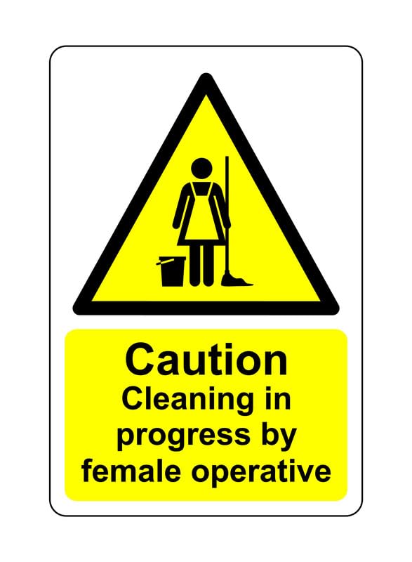 Safety First Display LTD Caution cleaning in progress by female operative sign- 3mm Aluminum Dibond for indoor/outdoor usage (600mm x 400mm) 20m Viewing Distance.