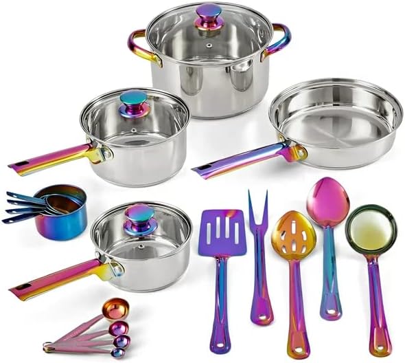 Miniatura 1 de Juego de 20 utensilios de cocina iridiscentes de acero inoxidable con utensilios de cocina y herramientas sartenes y ollas no tóxico libre de BP
