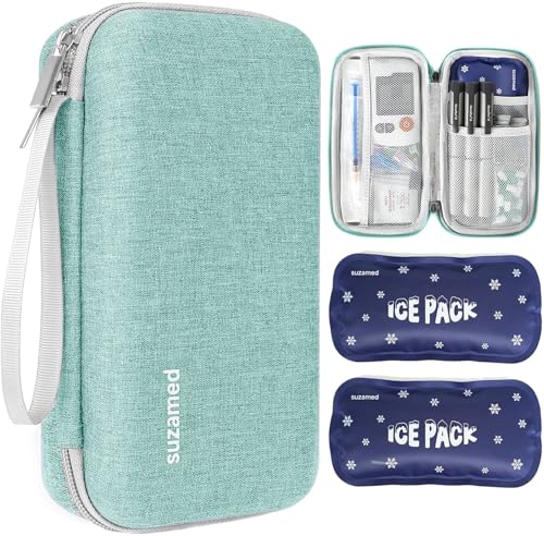 suzamed Insulin Cooler Travel Case,EVA Insulation Travel Medicine Kit with 2 Ice Packs for Diabetes Care,Insulin Pen and Other Diabetic Supplies (Green)