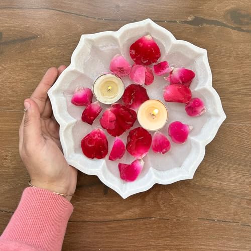 Image of Marble Urli Bowl for Decoration | Big Potpourri Decorative Bowls in Home decor | Large White Floating Flower Plates of Stone | Small Shape puja Item | (9 inch, Petal Glow)