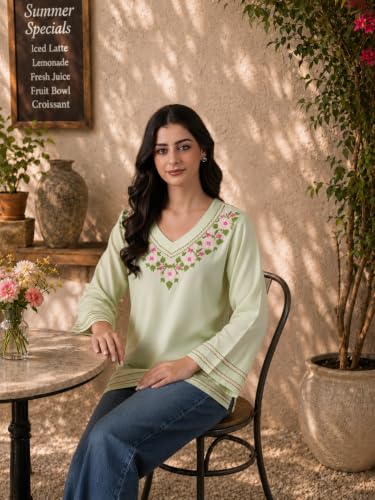 Image of QAZMI Women's Floral Aari Embroidered Viscose Rayon V-Neck Full Sleeves Short Kurti