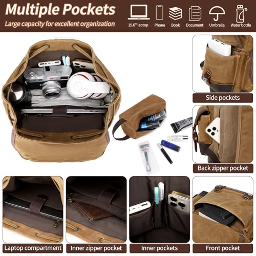 Wogarl Leather Backpack for Men, Waxed Canvas Vintage Backpack Rucksack for Business College Travel Hiking Shoulder Daypacks With Toiletry Bag(Khaki)3