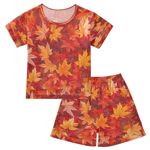 Pajama Sets Short Sleeve Autumn Leaves Pattern Print Soft Cotton Summer Sleepwear 2 Piece PJS Size 5-14T
