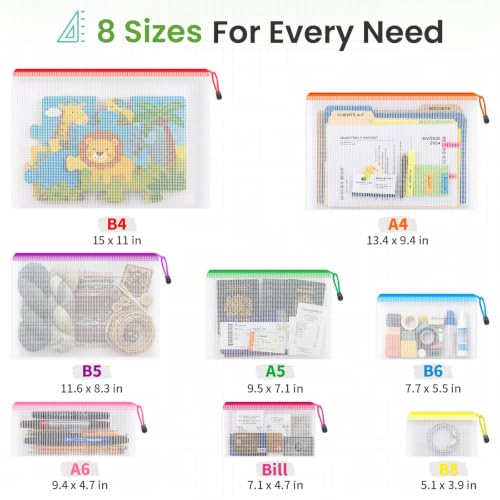 Image of Smarpau 24pcs Mesh Zipper Pouch, 8 Sizes Plastic Zipper Bags for Organizing | Multipurpose Waterproof Document Pouches for Office, Travel, Home Board Game Storage - 8 Colors