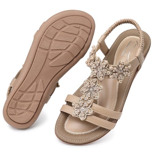 Image of SHIBEVER Dressy Flat Women Sandals: Comfortable Arch Support Womens Sandal | Summer Dress Flowers Boho Back Strap Open Toe Women's Sandals - All Day Comfort Walking Casual Wedding Woman Sandal Shoes