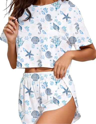 Image of Split Short Pajama Set 2 Piece Soft Women's Striped Pajamas Summer Sleeve Tee & Elastic Waist Shorts Sleepwear
