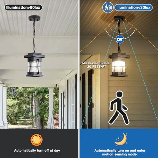 Motion Outdoor Pendant Light Fixture with Dusk to Dawn Sensor Exterior Hanging Lantern with Adjustable Chain Black with Seeded Glass Outside Lights for House Patio Front Porch Lighting