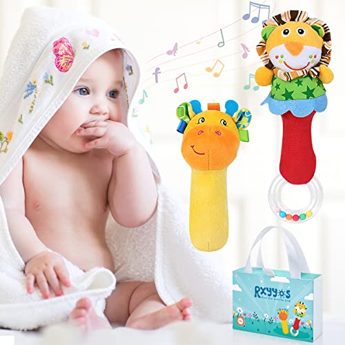 RXYYOS Juguete de Sonajero Bebe Muñeca de Peluche, Peluches Suaves de Bebe Sentido Animales Felpa Juguetes Sensoriales Nacidos Infantil para Bebés de 3 6 9 12 Meses (2 Piezas)