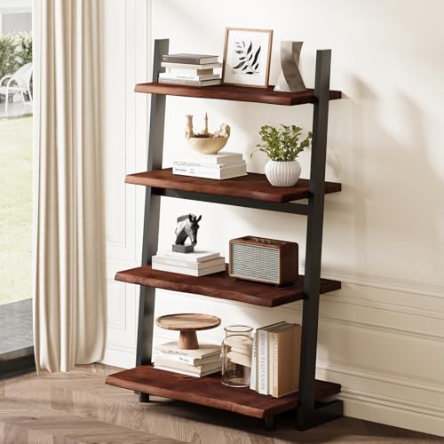 4-Tier Solid Wood Ladder Bookshelf with Natural Live Edge | Rustic Walnut Storage & Display Leaning Bookcase, Modern Space-Saving Shelf for Living Room, Bedroom, Home Office