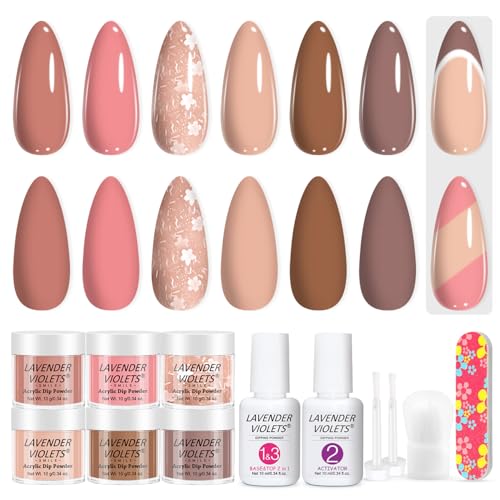 Lavender Violets 12Pcs Dip Powder Nail Kit - 6 Nude Pink Neutral Colors Dipping Powder System with Base & Top Coat Activator for French Manicure at Home M204