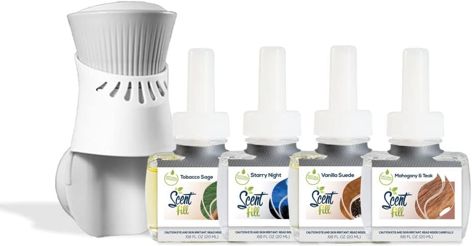 Scent FillMasculine Kit (Tobacco Sage, Starry Night, Vanilla Suede, and Mahogany Teak), 4 Refills & 1 Diffuser