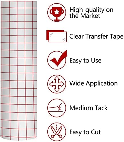 Zwanzer Transfer Tape for Vinyl - w/Red Alignment Grid Medium Tack Vinyl Transfer Tape for Cricut Silhouette Cameo Self Adhesive Vinyl for Decals,Signs, Windows, Stickers (12inch x 50ft)