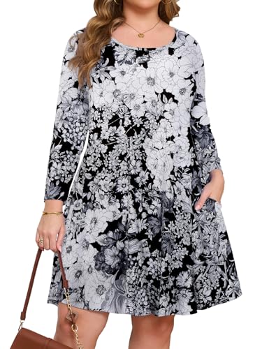 JollieLovin Women Plus Size 3/4 Sleeve Casual Dress Crew Neck with Pockets(4X,White Flowersl)