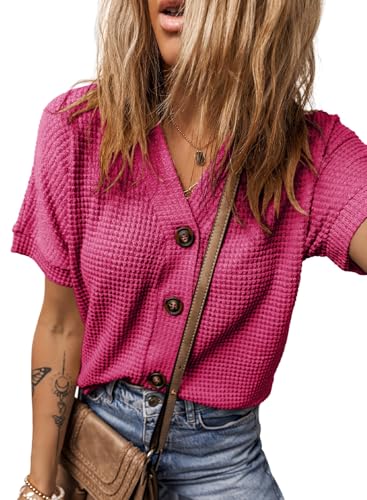 Image of Dokotoo Womens Summer Tops 2026 Waffle Knit Button Down Shirts | Trendy,V Neck,Loose Fit,Jacket,Short Sleeve,Summer Cardigan,Cropped,Shacket,Going Out Outfits,Dressy