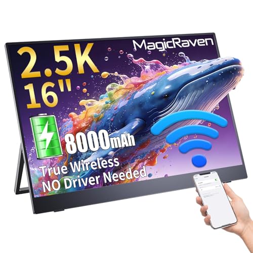 Image of MAGICRAVEN Wireless Portable Monitor with Battery- 16 inch 2.5K IPS Second Screen for Travel /Office, AirPlay & Miracast Casting, Up to 4 hrs Use, No Cables or Drivers Needed, Works with Laptop /PC /Phone