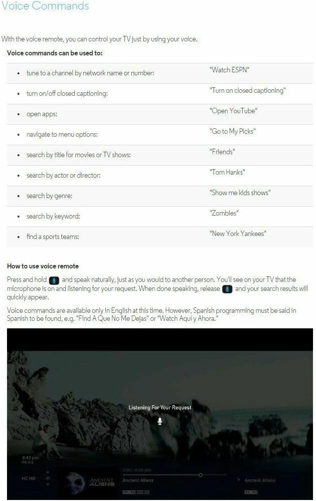 Illustration of voice command examples for the Altice One remote.