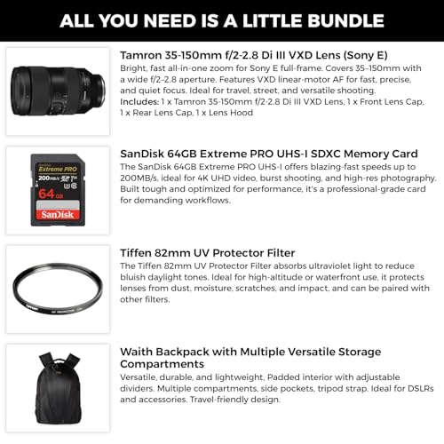 Image of Tamron 35-150mm f /2-2.8 Di III VXD Lens (Sony E) with Fast All-in-One Zoom Range, 64GB Extreme PRO SDXC Memory Card with 200MB /s Read Speed, Tiffen 82mm UV Filter & Camera Backpack Bundle Kit