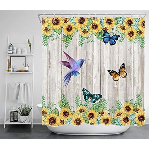 ECOTOB Sunflower Shower Curtain, Floral with Butterfly and Hummingbird on Rustic Wooden Board Bathroom Shower Curtain, Farmhouse Style Bath Curtain Set with Shower Curtain Hooks, 72X72 Inches Cover