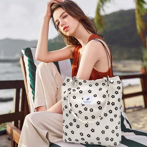 Image of Ayieyill Corduroy Tote Bag for Women Canvas Shoulder Cord Purse with Inner Pocket