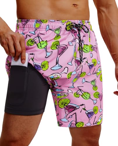 Image of Gleeease 7inch Mens Swim Trunks 2 in 1 with Compression Liner Pockets Drawstring Quick Dry Stretch Lined Funny Beach Pool