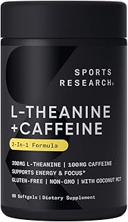 Sports Research L-Theanine Supplement with Caffeine & Coconut MCT Oil - Focused Energy, Alertness & Relaxation Without Drowsiness - 200mg L Theanine, 100mg Organic Caffeine - 60 Liquid Softgels